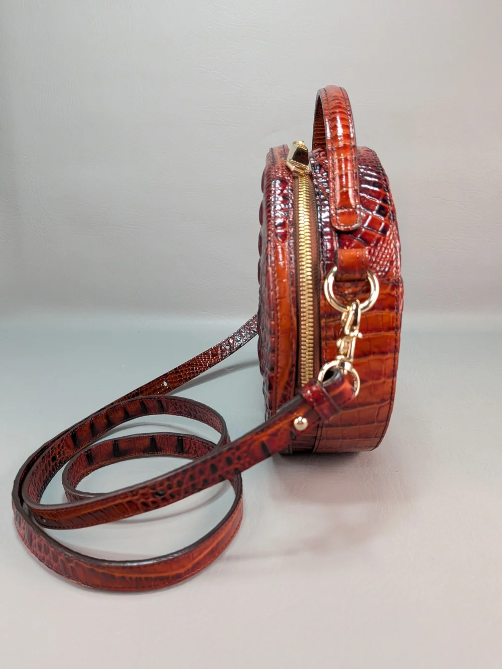 BRAHMIN Lane Circle Melbourne Pecan Crossbody Croc Embossed Leather Microfiber